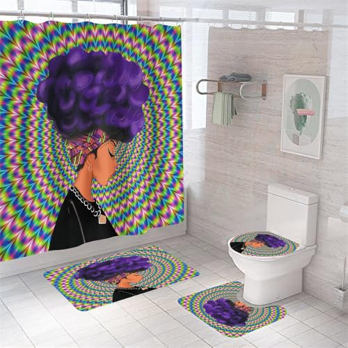 Badezimmerteppich Lila Grüne Frau Badteppich rutschfest Waschbar Badgarnitur 4 Teilig – Badematte Set Mit Wc-Vorleger Und Badematte,Teppich Badezimmer Für Sicherheit Und Komfort Im Bad 45X75Cm