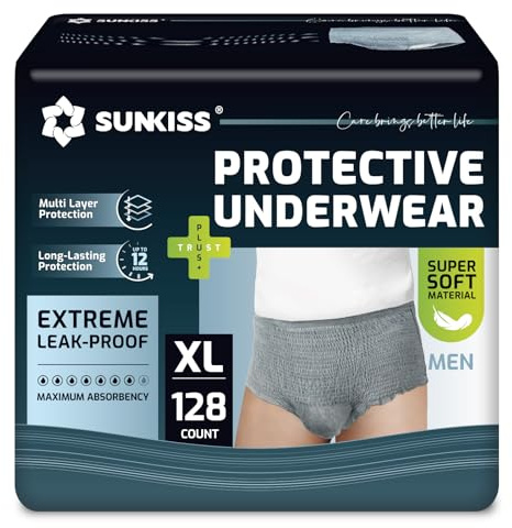 SUNKISS Inkontinenz Pants Männer, Grau, Größe XL, 128 Stück 4er Pack | Tagsüber Einweg Windelhosen für Erwachsene, Herren Windeln mit Maximaler Saugfähigkeit für Zuverlässige Absorption