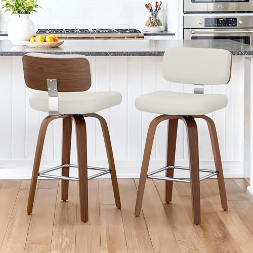 LUE BONA Juego de 2 Taburetes Altos de Cocina Madera,360°Giratorio 66cm Taburete de Bar con Reposapiés y Respaldo,Estructura de Madera Taburetes Cocina,para Cocina,Salón,Comedor,Bar,Blanco