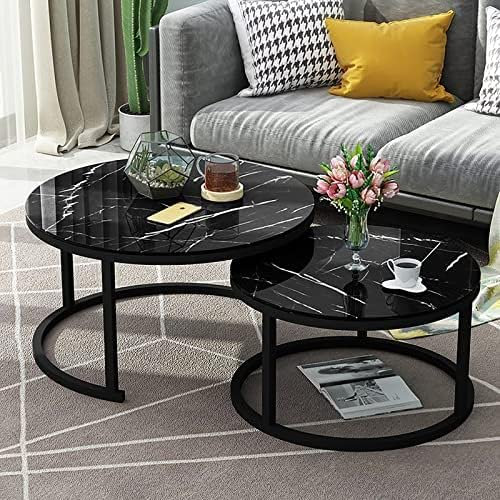 GLMGBP Satztische mit Schreibtischplatte aus Glas in Marmoroptik – 2er-Set, runder, stapelbarer Couchtisch mit Metallrahmen für das Home-Office, Wohnzimmer oder die Lounge