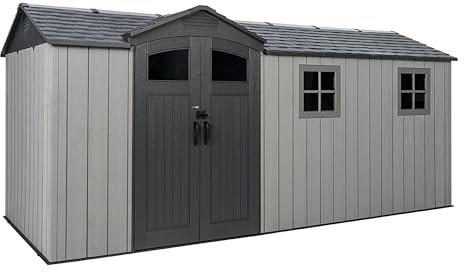 Lifetime 60478 Rough Cut Side-Entry Garden Shed, 16.5 x 7 ft 498 x 214 cm), Wood-Effect HDPE, Steel-Reinforced High-Pitched Roof, Storm Dust Grey