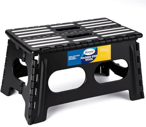 Korpai 9 Folding Step Stool for Adults and Kids 15-Inch Extra Wide Stool Holds Up to 300 lbs,Non-Slip Folding Stools with Handle,Compact Plastic Foldable Step Stool for Bathroom,Kitchen,ect, Black