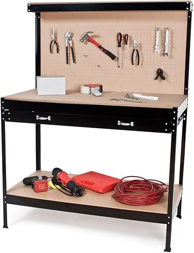 Fenixshop24 Banco da Lavoro in acciaio 120x60cm H 155 con 2 ripiani in MDF, cassetto e pannello con parete forata e ganci universali per attrezzi - Nero