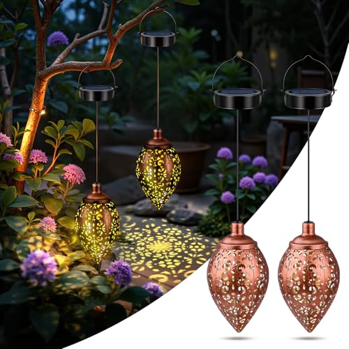 2 Pack Hanging Solar Lights Outdoor Garden Lantern, IP65 Waterproof Solar Lantern Lights for Outside, Metal Lamp Outdoor Decorations for Birthday Gifts Patio Yard Porch Lawn Tree Path