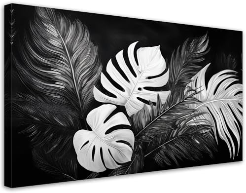 Feeby Bilder - Foto Geschenk - Monstera-Blätter Schwarz und Weiß - 120x60 1tlg - Leinwandbilder Wohnzimmer - Wandbild über dem Bett - Bild Schlafzimmer - Aesthetic Zimmer Deko - Modern Pictures