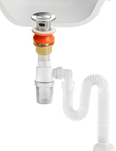 AROMUJOY Siphon Waschbecken Kit, 1 1/4 x 32mm Ablaufgarnitur mit Flexibler Ablaufschlauch und Pop Up Ventil, Abfluss Waschbecken Set Ausziehbar 290-820mm für Badezimmer Küchenspüle mit Überlauf