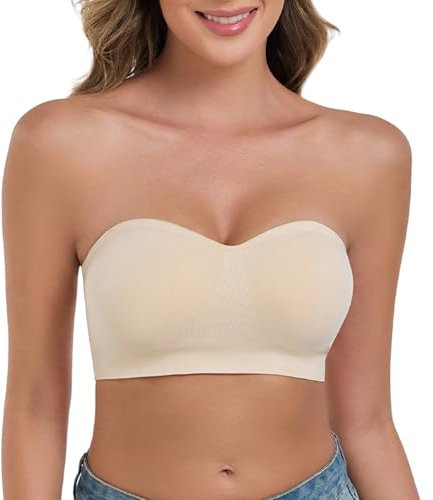 ANGOOL Women's Bandeau Bra Strapless Non-Wired Padded Seamless Multiway Convertible Straps Full Support Non-Slip, Beige, M