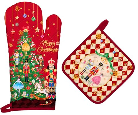 Arquiel Gants De Four & Maniques Sapin de Noël Casse-Noisette Lot De 2, 100% Coton Maniques Cuisine Gant Four Anti Chaleur Extra-Longue pour Barbecue, Griller,Micro-Ondes Décoration Cadeaux Vacances