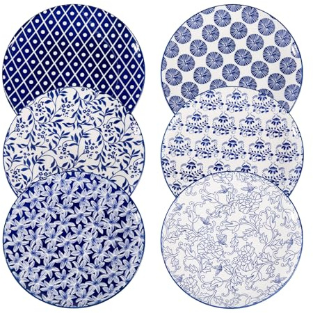 Sweejar Home 10.5 Inch Ceramic Dinner Plates Set, Large Porcelain Dessert Plates, Microwave & Dishwasher Safe Party Plates for Salad, Pasta, Meat Steak, Set of 6(Vintage Blue)