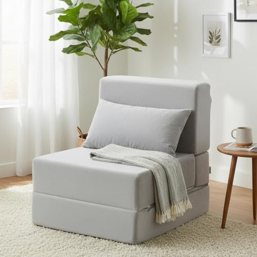 TokSay Folding Sofa Bed, Convertible Sleeper Chair with Pillow, Foldable Mattress & Back Support, Portable Floor Lounger Futon for Apartment, Dorm, Living Room, Bedroom, Gray