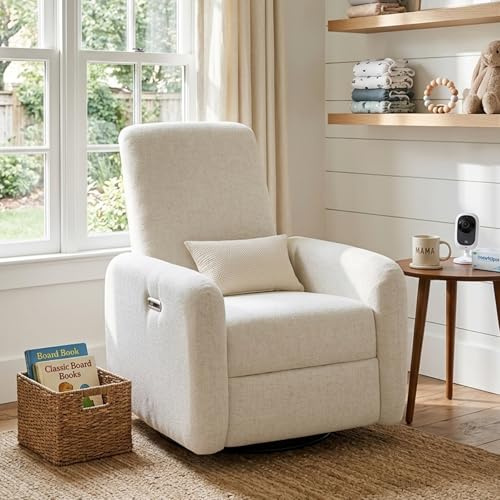 Madaha Nursery Rocking Chairs, 270° Oversized Power Swivel Glider Rocker Recliner w/USB & Type-C Charging Port, Rotating Rocking Reclining Nursing Chair for Breastfeeding, Living Room,Bedroom,White