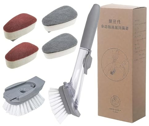 Bustlwor Spülbürste mit Spülmittelspender, Mehrzweck Spülbürste, Geschirrbürste mit 2 Bürstenköpfe, für Topf, Pfanne, Spüle Reinigung (Grau)
