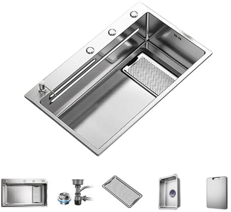 Fregaderos Cocina Modernos Un Solo Seno Estación Trabajo Fregadero Doméstico Fregadero Cocina Gran Capacidad con Escurridor y Cesta Drenaje Instalación Bajo Encimera Taichung Encimera
