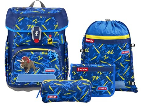 Step by Step Schulranzen-Set Cloud schleich® Dinosaurs Triceratops“ | 5-teilig, blau-gelb, ergonomischer Tornister mit Reflektoren, höhenverstellbar mit Easy Belt für Kinder ab der 1. Klasse, 19L