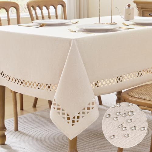 Aoztio Farmhouse Linen Textured Tablecloth Lattice Cutwork Waterproof & Stain Resistant Table Cloth Rectangle Tables Wrinkle Free Table Cover for Dining Room and Outdoor Party, 55 x 71 Inchs, Natural