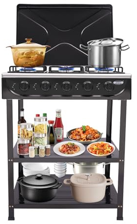 RéChaud à Gaz Naturel Avec 5 BrûLeurs RéChaud Camping RéChaud Réchaud à gaz de Camping Autoportant Chariot de Barbecue avec Couvercle pour Camping-car, Camping Noir