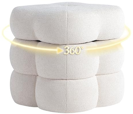Get Set Style 360° Swivel Flower Ottoman, Linen Vanity Stool Footrest with 300LBS Capacity, No Assembly Small Space Accent Chair for Living Room Bedroom Entryway(Warm Ivory)