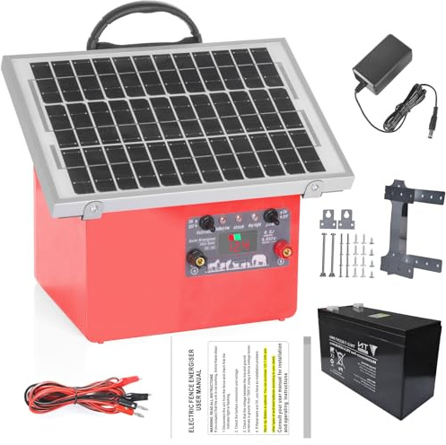 32 KM ClôTure éLectrique Solaire, Pour Animaux de bétail de 0.5 joules / 9.5kv avec Panneau Solaire de 5W, alimentation électrique de clôture de branchement pour la faune, ferme, volaille （Rouge)