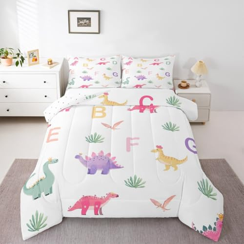 Loussiesd Söt dinosaurie sängkläder set tecknad dinosaurie täcke set king size för barn pojkar flickor initial bokstav alfabet vilda djur sovrum dekor mikrofiber 3 st med 2 örngott