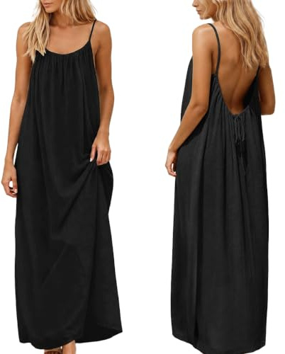 nnOuOnn Robe sans manches à dos ouvert pour femme, été, 2026, longue, maxi, décontractée, robe d'été, fluide, dos ouvert, robes de détente pour les vacances, la plage, la maison, uni, Noir , L