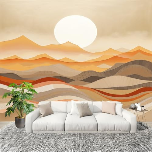 Papel Tapiz 250x175cm Abstracto Atardecer Patrón de montaña Decoración De Pared Sala Cuarto Oficina Salón amarillo pálido Fotomural limpiable - Mural de Papel Pintado