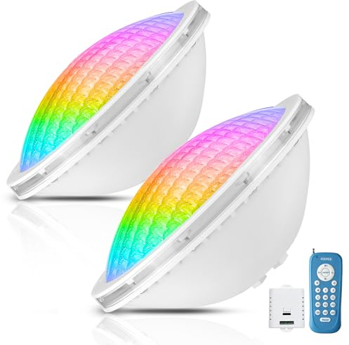 OSREE Projecteur Piscine LED PAR56, 20W RGB Ampoule Piscine Dimmable Couleur 800lm, Lampe de Piscines avec Télécommande, Minuteur 2/4/6H, IP68 Étanche pour Piscines Liner et Béton, 12V AC, Lot de 2