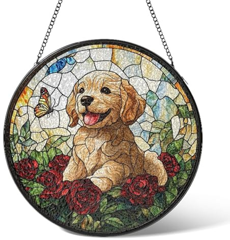 Golden Retriever Dog Flower Stained Glass Window Hanging,Dogs Flower Suncatcher Garden Decor Birthday Gifts,Sun Catchers Home Decoration for Kitchen Patio Windows,Christmas Housewarming Gift 10 cm