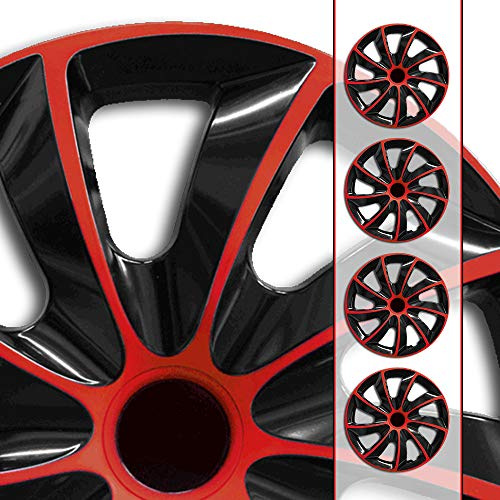 (Größe wählbar) 13 Zoll Radkappen, Radzierblenden Quad Bicolor (Schwarz/Rot) passend für Fast alle Fahrzeugtypen (universal)