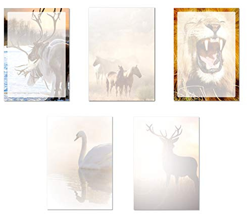 5 x 5 Blatt Motivpapier Briefpapier Mix DIN A4 Rentiere Pferde Löwe Schwan Hisch (Tiere-5240)