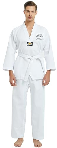 TopTie Customized Taekwondo Uniform for Kids Adults, TKD Dobok Uniform with Belt, Martial Arts Training Suit-White Trim-Size 0