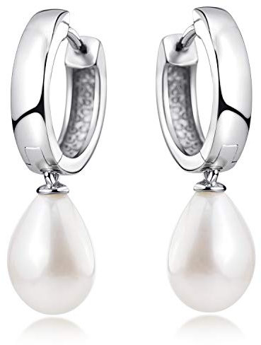 MATERIA Damen Creolen mit Anhänger Perle - 925 Sterling-Silber Perlenohrringe weiß rhodiniert 15mm SO-431