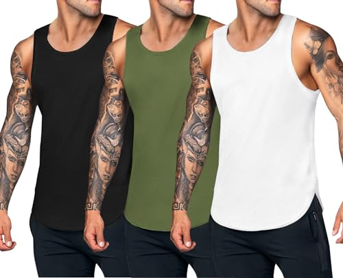 COOFANDY linne herr bodybuilding tanktops ärmlös muskelskjorta fitness stringer armskjortor män sport undertröja, Svart/vit/militärgrön, L