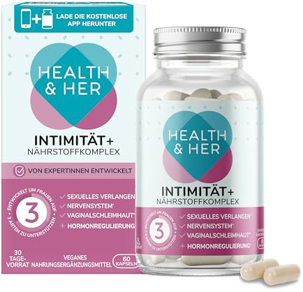 Health & Her Intimität+ – Maca & Tribulus für Frauen, 60 Kapseln | Mit Maca-Wurzel und Tribulus zur Unterstützung von Intimität und Wohlbefinden in den Wechseljahren. 1 Monat Vorrat.