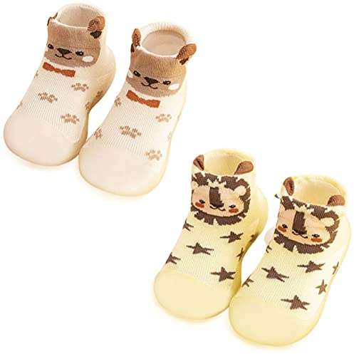 FedMois Pack de 2 Calcetines con Suela de Goma para Bebés Zapatillas Antideslizantes de Primeros Pasos, león y oso, 6 meses