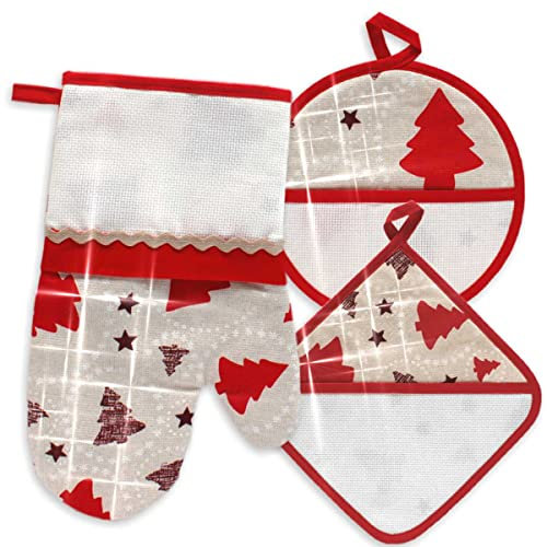 Guantone da Forno e Due presine da ricamare a Punto Croce, Tela Aida, Set Guanto e presine da Forno, Natale, Tessuto natalizio alberelli rosso con lurex argento e oro