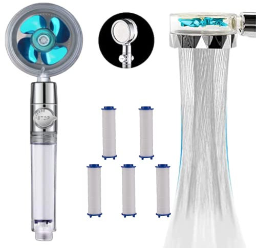 SAVEWATER POWER- VENTEO - PACK douchette + 5 recharges filtres - Pommeau de douche avec hélice haute pression - Economise et filtre l'eau - Régulateur de puissance grâce à l'interrupteur stop