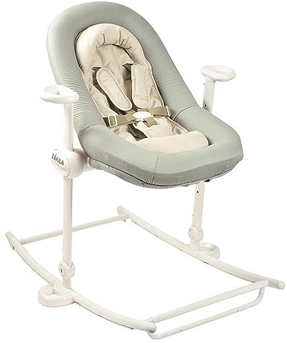 BÉABA, Babywippe, Babywippe Up&Down Plus, 4 Höhen, 3 Neigungen, Faltbar, Sitzverkleinerung für Neugeborene, Sitz aus 100% Baumwolle, hochwertige Verarbeitung, 5-Punkt-Gurt, patentiert, Graugrün