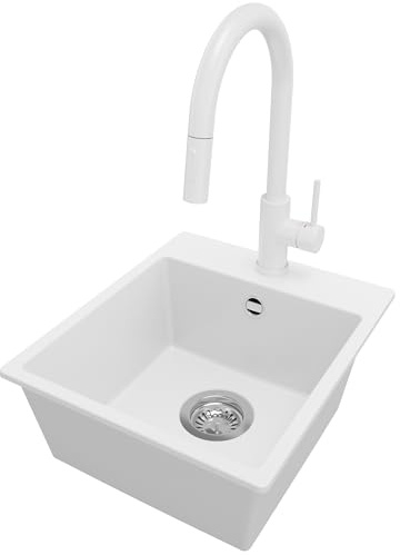 PRIMAGRAN Fregadero Granito al Mueble 40cm + Grifo, 38x44cm | Set: Grifo BW9010 + Kit de desagüe (sifón, válvula, rebosadero) + Riga Easy 1 Seno para Cocina, Blanco