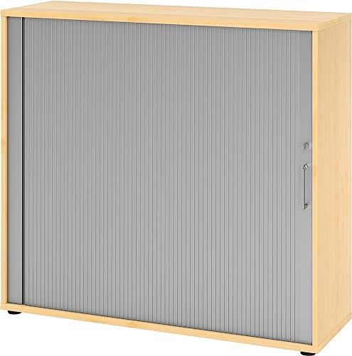 bümö Aktenschrank abschließbar mit Rollladen, Rollladenschrank für Ordner & Co. - Büroschrank mit Rollo, abschließbarer Ordnerschrank aus Holz in Ahorn/Silber mit Bügelgriff