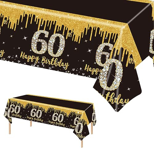 POPOYU 137 x 274 cm Schwarz und Gold zum Geburtstag Tischdecke Schwarz Gold Tischdeko für Mann Frau 60. Geburtstag,Rechteckige Kunststoff Einweg-Tischdecke für Partydekorationen zum 60. Geburtstag