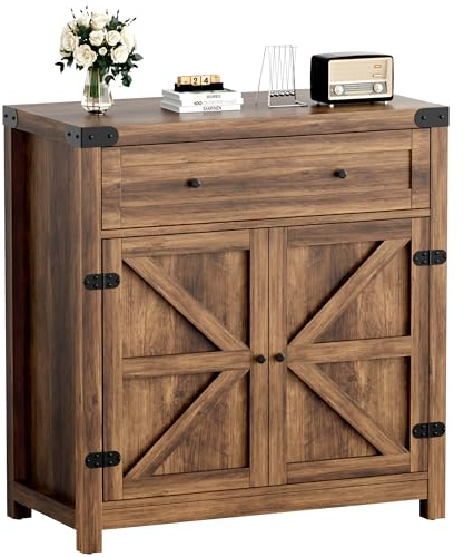 YESHOMY Coffee Bar and Accent Cabinet, Farmhouse Barn Door Buffet Sideboard with Drawer and Adjustable Shelf, Wide Desktop for Kitchen, Dining Room, Bathroom, Entryway, Brown