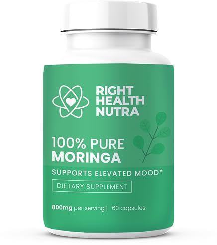 Right Health Nutra - 100% Pure Moringa 800mg - 60 Capsules - Dietary Supplement for Brighter Mood, Enhanced Concentration, and Fortified Memory - with Vitamins, Minerals, and Nourishing Nutrients