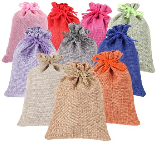 10 Stück Bunter Geschenkbeutel mit Zugband, 13x18 cm Baumwollbeutel、Jutesäckchen、Samtbeutel für Weihnachten, Geburtstag, Hochzeit, Schmuck & DIY (Jutebeutel)