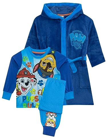 Paw Patrol Dressing Gown And Pyjamas For Kids | Chase, Rubble and Marshall Hooded Dressing Gown And Pyjamas For Boys | Ages 18 Months to 8 Years