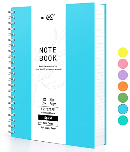 RETTACY A4 Notizblock, Notizbuch, Spiralgebundene Notizbücher, 300 Blatt/150 Seiten Zum Schreiben, 100 G/m² College-liniertes Papier, PVC-Hardcover, 21,5 x 27,9cm – Blau