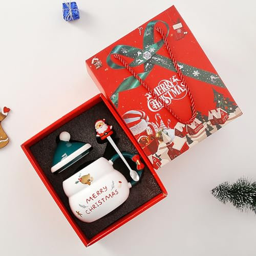 Tasse Weihnachten Kaffeebecher Keramik Weihnachtsbecher Kaffeetasse mit Deckel Löffel 480ml Schneemann Weihnachtsmann Kaffeebecher für Kaffee Tee Milch Weihnachten Geschenk (Frohe Weihnachten)