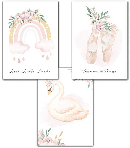 Lemmami Papeterie 3er Set Wandbilder Kinderzimmer Babyzimmer Poster Bilder DIN A3 Mädchen Jungen Deko Dekoration Schwan Regenbogen Ballerina (3er Bilder Set Rosa, Pastell, Wanddeko)