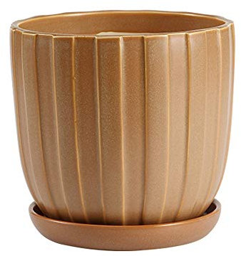 UsmAsk Keramik-Pflanztöpfe, zylindrische Keramik-Pflanzgefäße mit angebrachten Untertassen, gestreift, Garten-Pflanzgefäß, Sukkulenten-Topf, großer Blumentopf, Kaktus-Pflanzgefäß für Innengarten, H