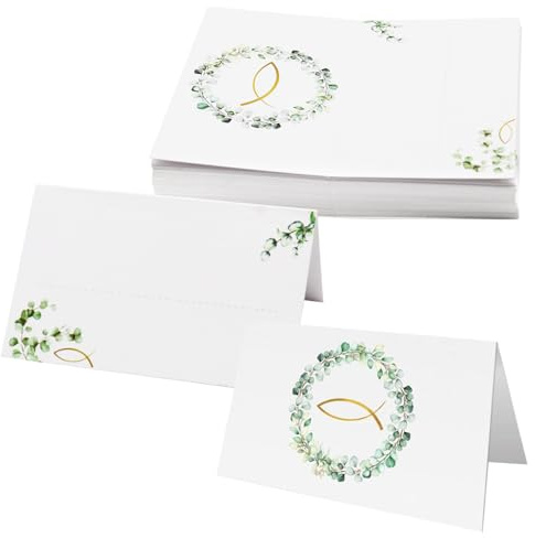 SOETDERT 50 Stück Tischkarten Eukalyptus, Platzkarten Blanko Tischdeko, Tischkarten Elegantes Namenskarten zum Beschriften Konfirmation für Taufe Kommunion Hochzeit Bankett Geburtstag Partys (C)