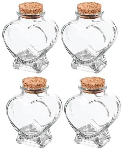 IMIKEYA 4 botellas de cristal en forma de corazón: pequeñas botellas de vidrio decorativas con corcho, botellas de 50 ml en forma de corazón para rellenar, botellas de deseos para bodas, San Valentín